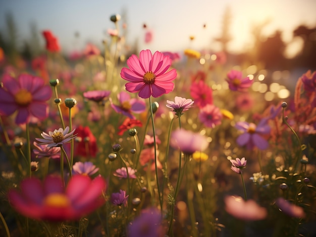 Um campo de flores do cosmos vibrantes a tomar sol na hora dourada do sol.