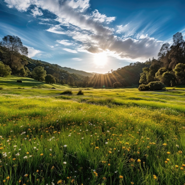 Um campo de flores e árvores