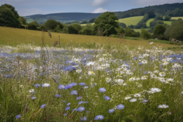 Um campo de flores e camomilas cercado por colinas