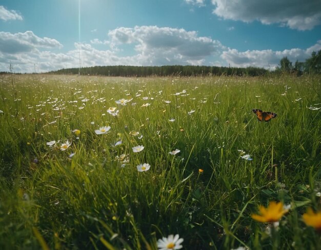 Um campo de flores e grama verde Um dia de sol brilhante Nuvens