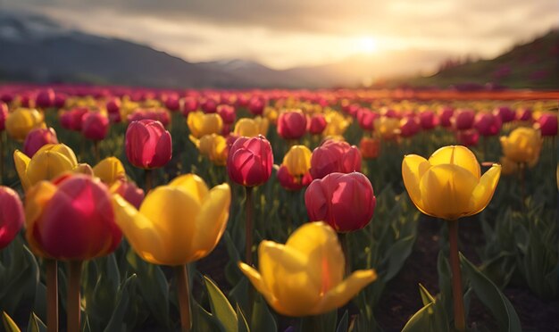 Foto um campo de flores em flor tulipas contra o fundo do pôr-do-sol da noite