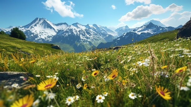 Um campo de flores em frente a uma montanha de neve