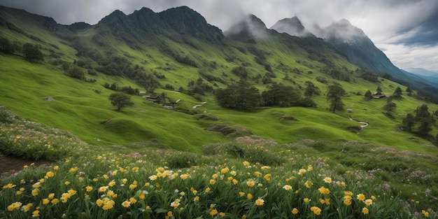 Um campo de flores em frente a uma montanha