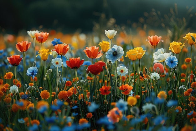 Um campo de flores em plena floração com uma variedade de cores e texturas