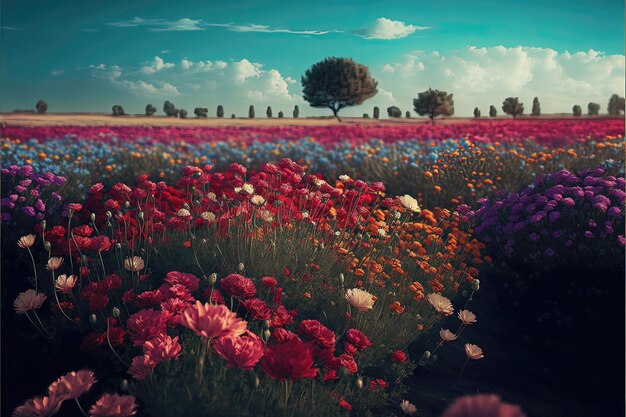 Um campo de flores em plena floração