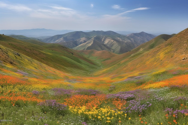 Um campo de flores nas montanhas