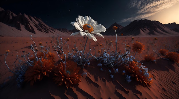 Um campo de flores no deserto com uma lua ao fundo.