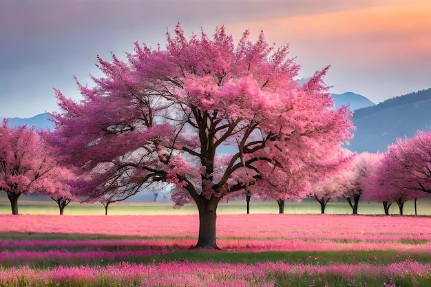 Um campo de flores roxas com montanhas ao fundo.