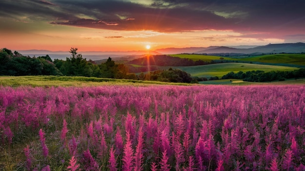 Um campo de flores roxas com o sol a pôr-se atrás delas