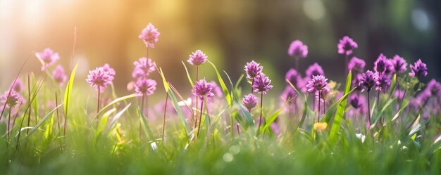 um campo de flores roxas com o sol brilhando na grama