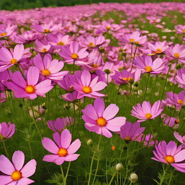 Foto um campo de flores roxas com um centro amarelo e um branco com um centro amarelo