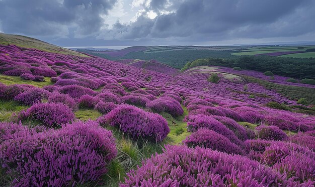 um campo de flores roxas com um céu nublado ao fundo