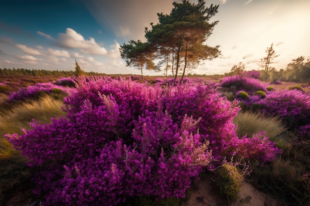 Um campo de flores roxas com uma árvore ao fundo