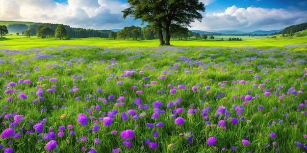 Um campo de flores roxas com uma árvore ao fundo