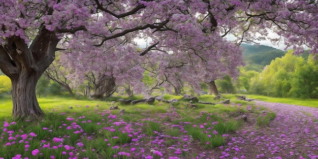 Um campo de flores roxas com uma árvore ao fundo