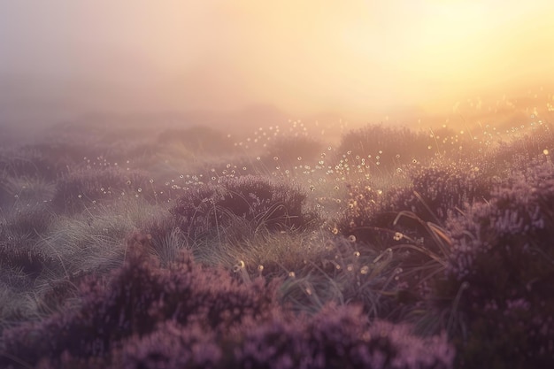 Um campo de flores roxas com uma atmosfera nebulosa