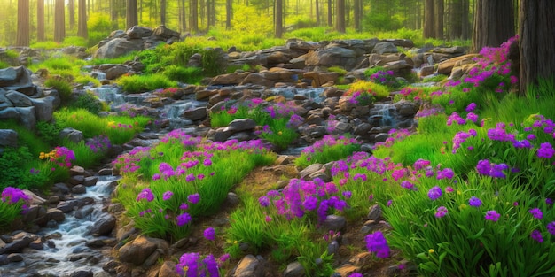 Um campo de flores roxas na floresta