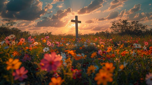 Um campo de flores silvestres iluminado pelo sol