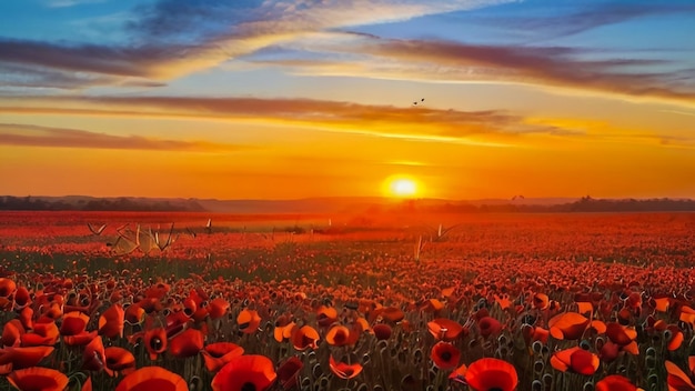 um campo de flores vermelhas com o sol a pôr-se atrás delas