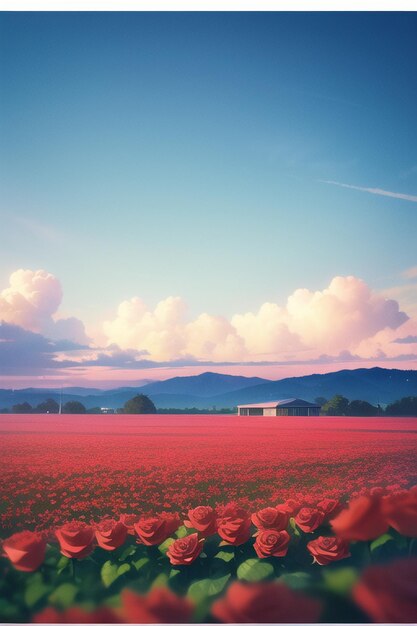 Um campo de flores vermelhas com um céu azul e montanhas ao fundo.