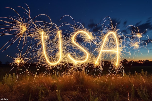 Um campo de fogos de artifício que soletram a palavra EUA
