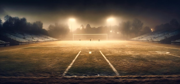 Um campo de futebol com luzes no campo