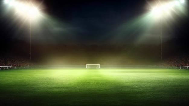 Um campo de futebol com luzes que estão em um fundo escuro