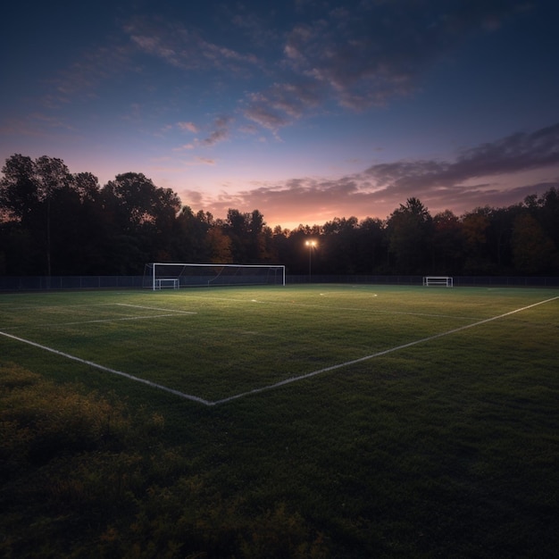 Um campo de futebol com um pôr do sol atrás dele