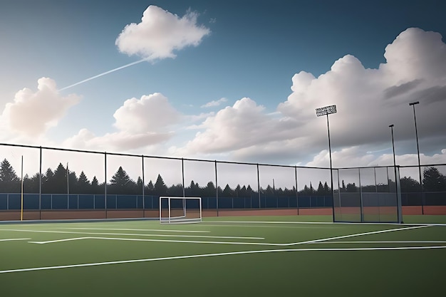 Foto um campo de futebol com uma cerca e um campo de futebol com um gol de futebal no fundo