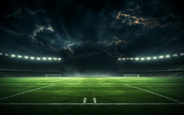um campo de futebol mal iluminado com um céu nublado ao fundo IA generativa