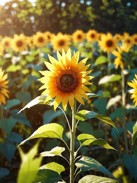 Um campo de girassóis com o sol brilhando no fundo