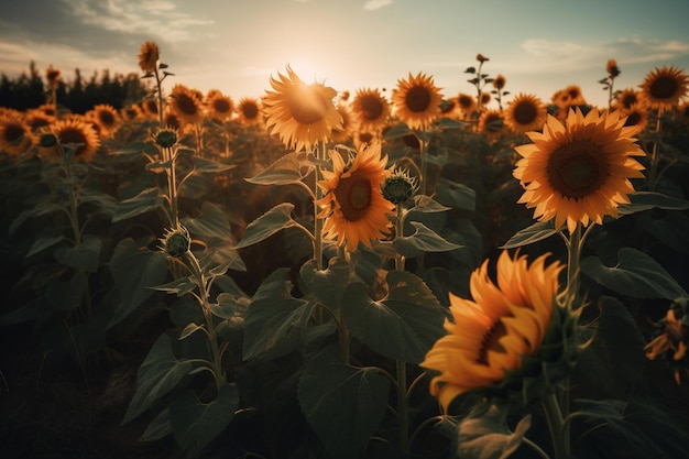 Um campo de girassóis com o sol se pondo atrás dele