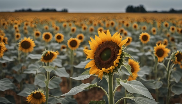 Foto um campo de girassóis com um céu ao fundo