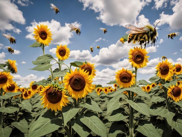 Um campo de girassóis com uma abelha voando no céu.
