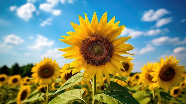 Um campo de girassóis é mostrado contra um céu azul.