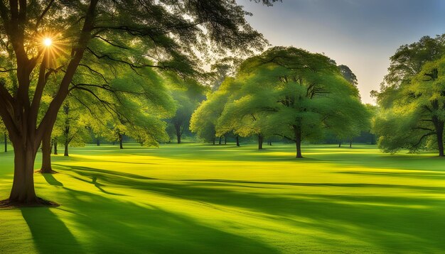 um campo de golfe com árvores e um campo verde com um sol brilhando na grama