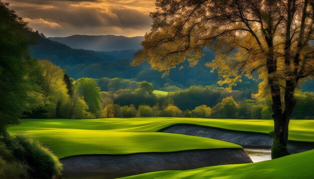 um campo de golfe com um campo de golf e uma árvore à distância