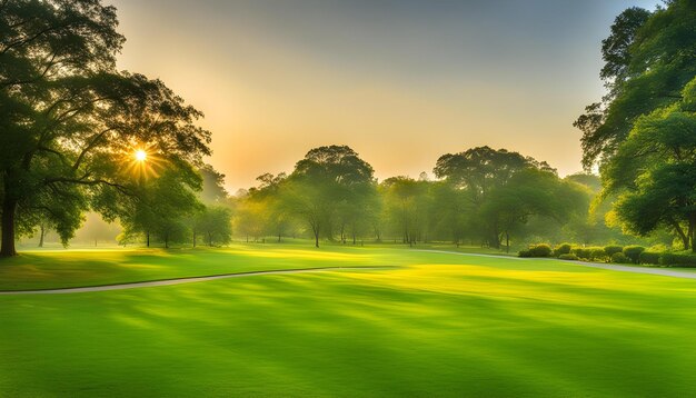 Foto um campo de golfe com um campo verde e árvores no fundo