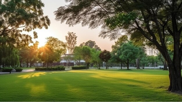 Foto um campo de golfe com vista para o pôr-do-sol e árvores