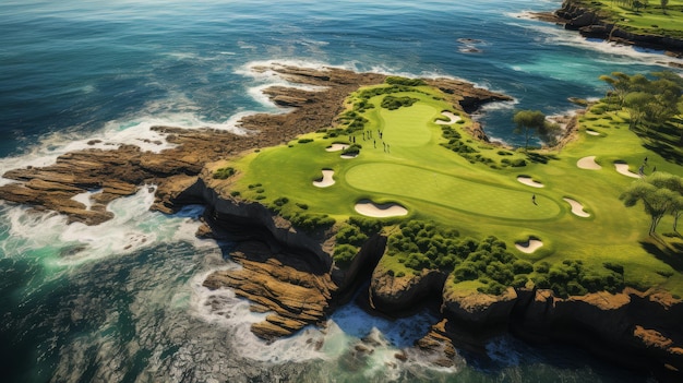 Um campo de golfe pitoresco com fairways verdes exuberantes, armadilhas de areia e obstáculos de água contra a parte de trás