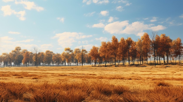 Um campo de grama com árvores ao fundo