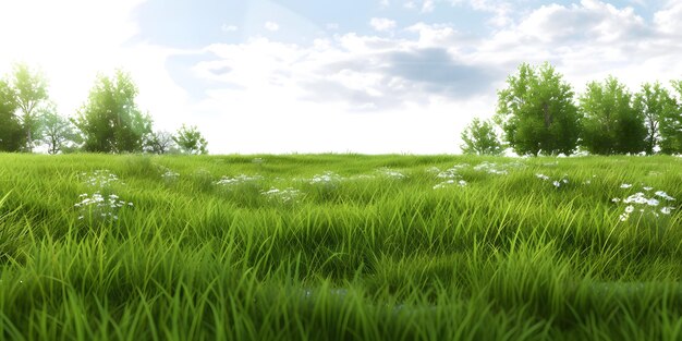 um campo de grama com árvores e um céu azul com uma árvore no fundo