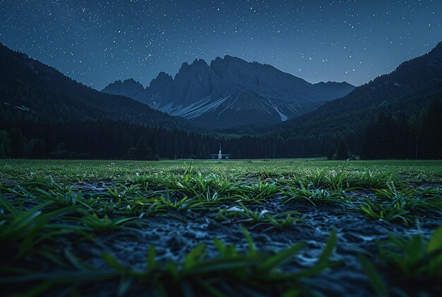 Foto um campo de grama com montanhas ao fundo