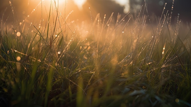 Um campo de grama com o sol brilhando sobre ele