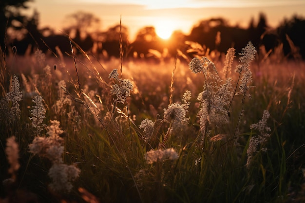 Um campo de grama com o sol se pondo atrás dele