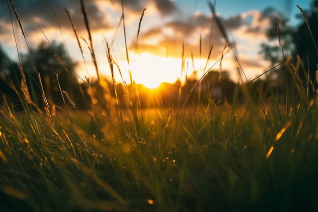 Um campo de grama com o sol se pondo atrás dele