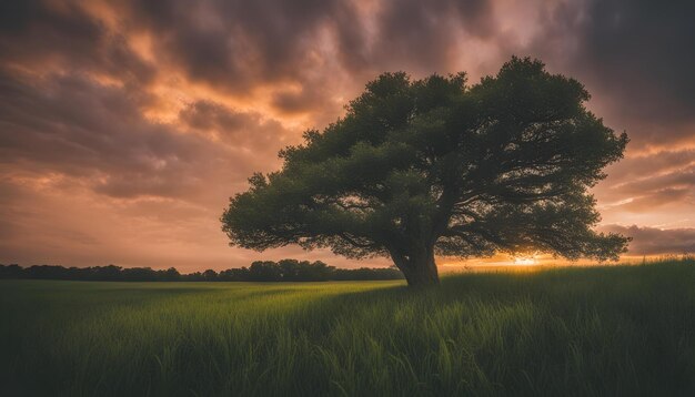 Foto um campo de grama com uma árvore em primeiro plano