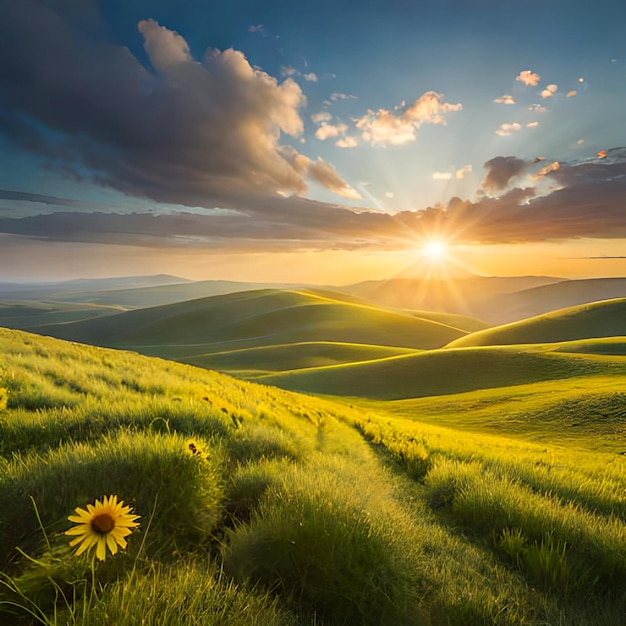 Um campo de grama e girassóis é mostrado com o sol se pondo atrás dele.