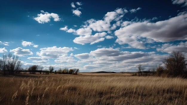 Um campo de grama e um céu azul com nuvens ao fundo.