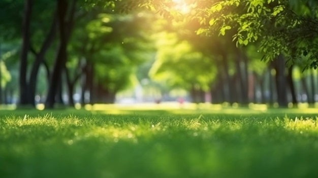 Um campo de grama verde com árvores ao fundo